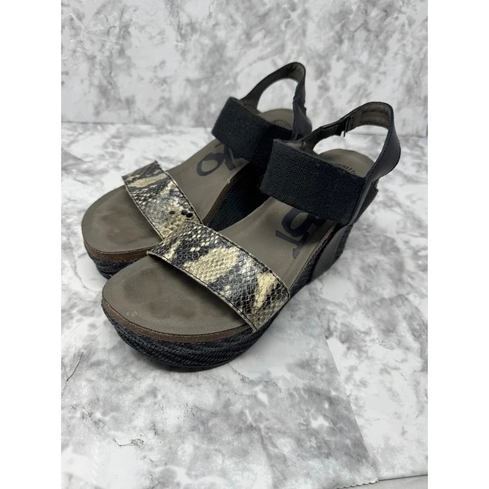 OTBT 🖤🩶🖤 leather Snakeskin print Platform Wedge Sandals woven Ankle Strap 8.5